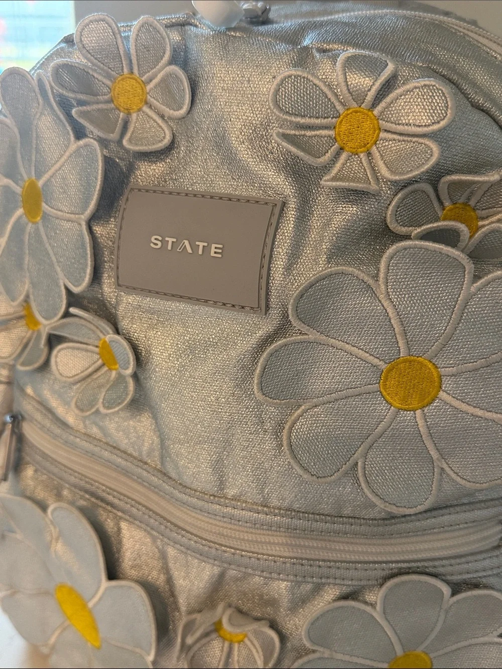STATE Metallic Silver Daisy Patch Kane Kids Mini Backpack